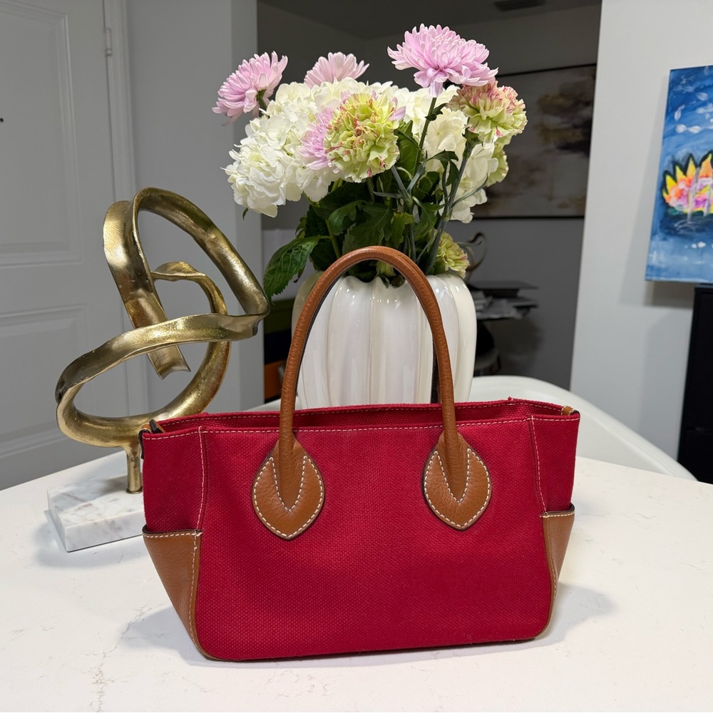 Ann Taylor Red Canvas Mini Tote Bag Brown Leather Handles Preppy Small Handbag